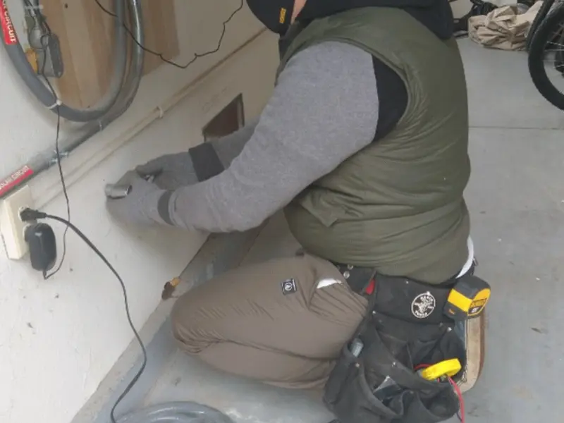 Electrician performing outlet wiring in a Huxley garage